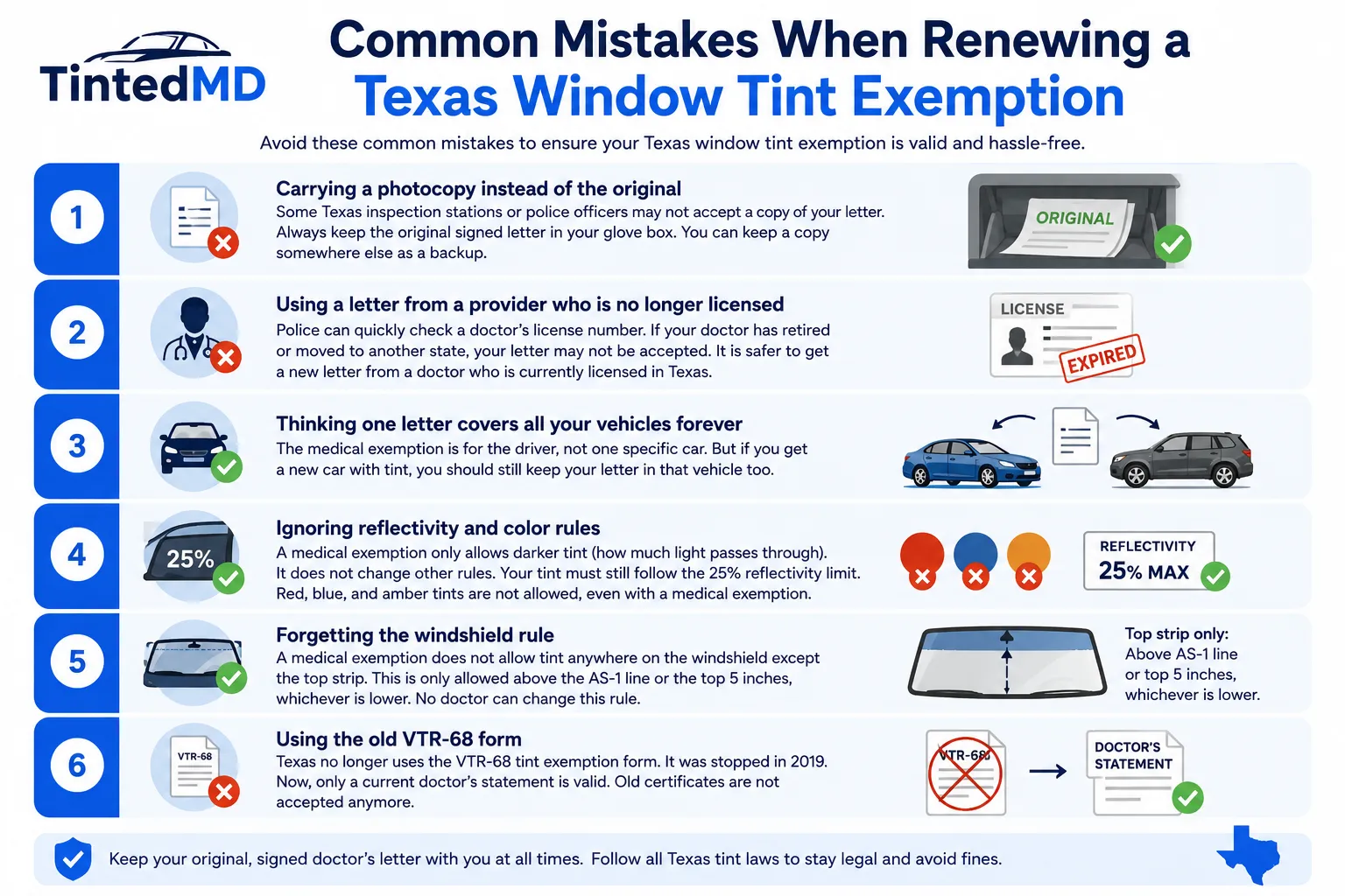 Common mistakes when renewing a Texas window tint exemption