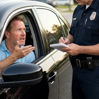 Frustrated driver being ticketed by a police officer