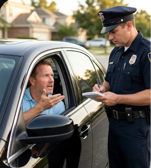 Frustrated driver being ticketed by a police officer