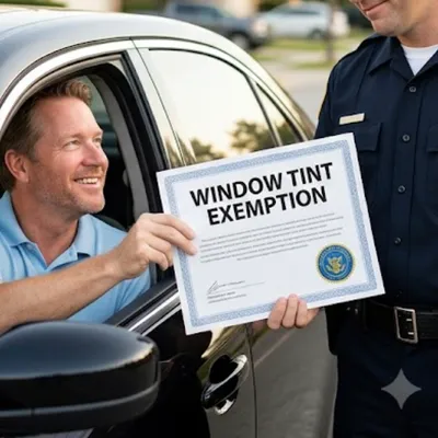 Driver showing a window tint exemption certificate to the officer