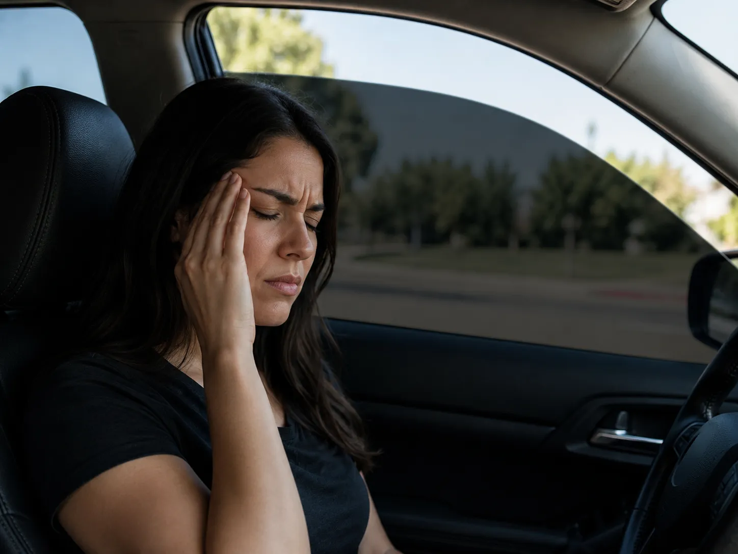 Woman experiencing migraine pain in a car with tinted side window blocking bright sunlight
