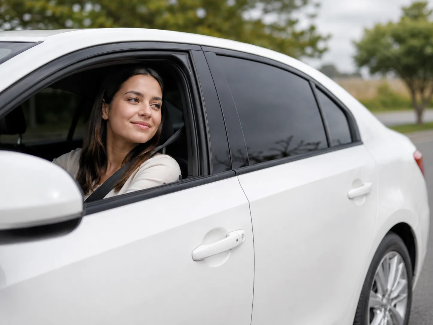 Woman smiling in a white car with darkly tinted rear windows, illustrating window tinting on a new vehicle